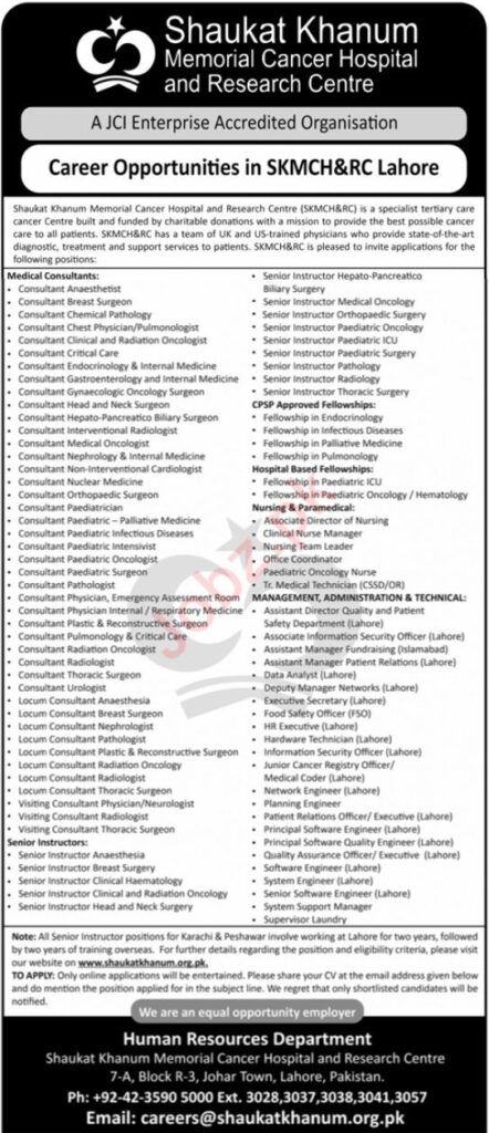 Shaukat Khanum Memorial Cancer Hospital Lahore Jobs 2024 Advertisement: