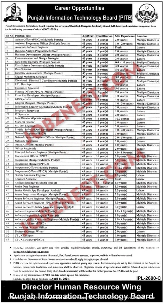 PITB Jobs 2024 | Punjab Information Technology Board New jobs Advertisement 