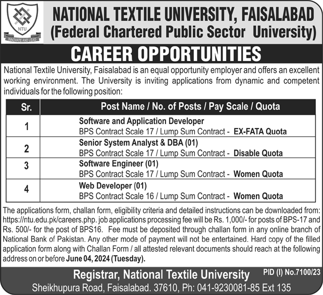 National Textile University Jobs 2024 Advertisement: