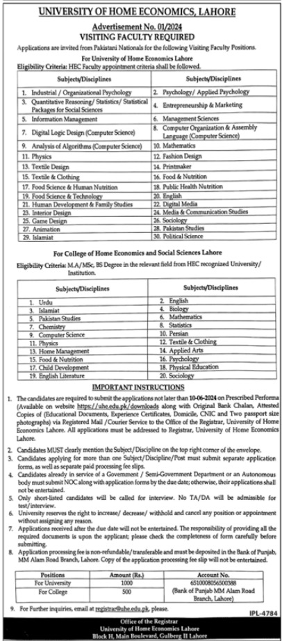 Jobs In University Of Home Economics Lahore, 2024 Advertisement 
