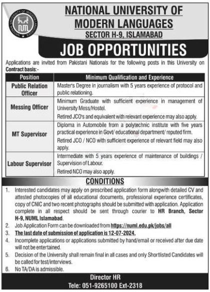 NUML Islamabad Jobs Opportunities